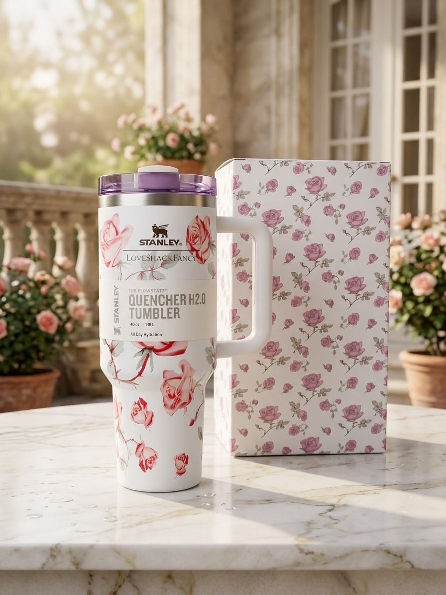 Floral Stanley Style Quencher Tumbler 40oz – Pink Rose Stainless Steel Travel Mug with Handle