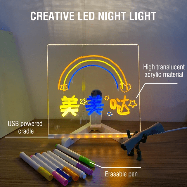 7 Color LED Note Board for Kids – 12×8 Inch Acrylic Drawing & Message Board with 7 Markers
