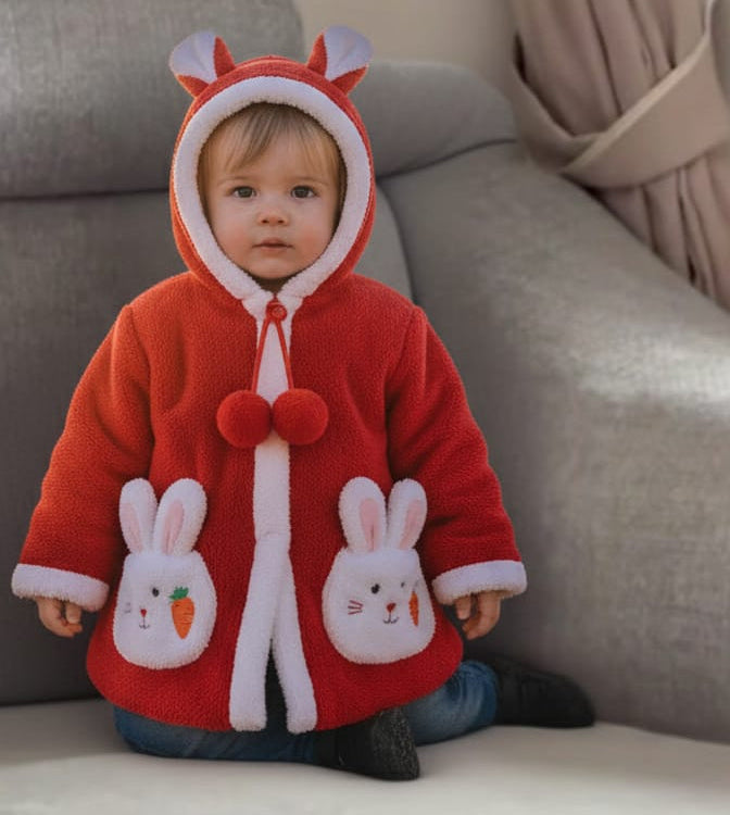 Cute Red Baby Winter Hooded Jacket with Bunny Pockets - Soft & Warm Fleece Coat