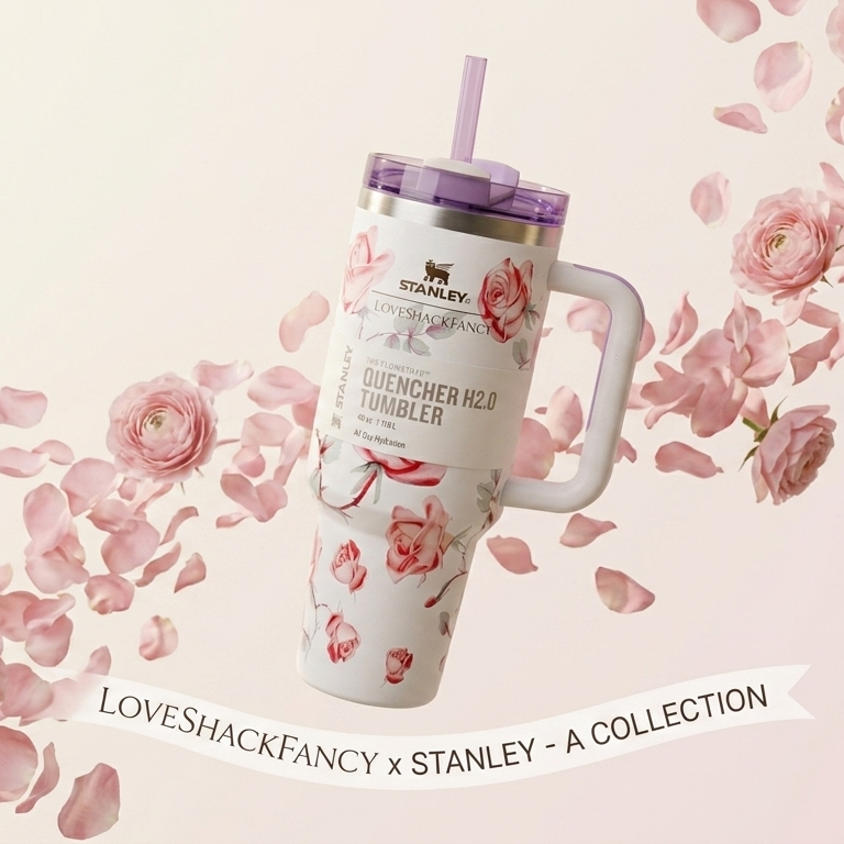 Floral Stanley Style Quencher Tumbler 40oz – Pink Rose Stainless Steel Travel Mug with Handle