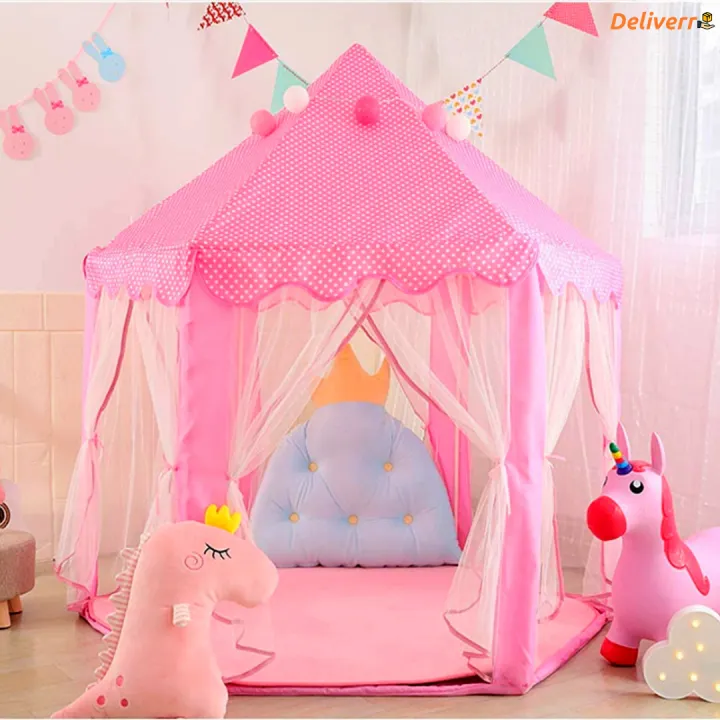 Premium Princess Castle Play Tent – Large Hexagon Kids Playhouse with Star Lights & Mesh Curtains