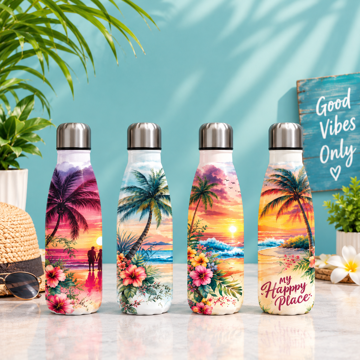 Four tropical sunset insulated water bottles with palm tree and flower prints