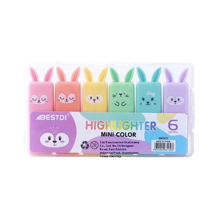 Cute Bunny Mini Highlighter Set – 6 Pastel Colors | Kawaii Stationery for School, Office & Journaling
